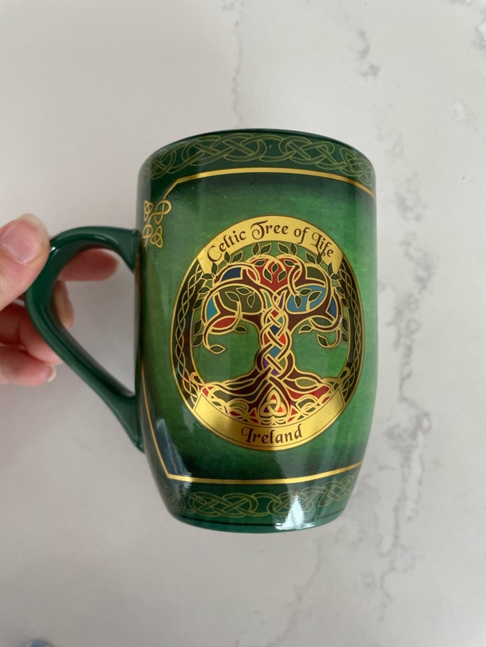 Green Celtic Tree of Life Ireland Ceramic Mug with Gold Accents - Picture 2 of 9